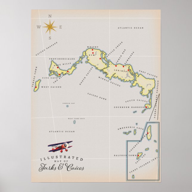 Affiche Carte illustrée de la carte des îles Turques-et-Ca (Devant)