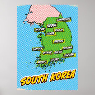 Affiche Carte illustrée de la Corée du Sud dans le style P