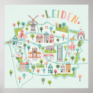 Affiche Carte illustrée de Leiden City sur l'arrière - pla