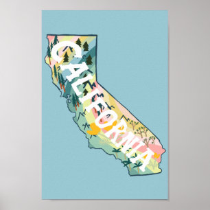 Affiche Carte illustrée de l'État de Californie