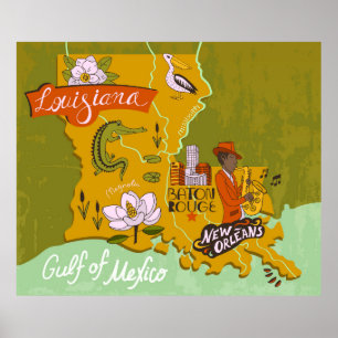 Affiche Carte illustrée de Louisiane, USA. Voyage et attr