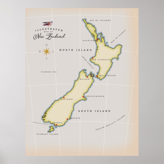 Affiche Carte illustrée de Nouvelle-Zélande (Devant)