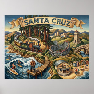 Affiche Carte illustrée de Santa Cruz Californie avec quai