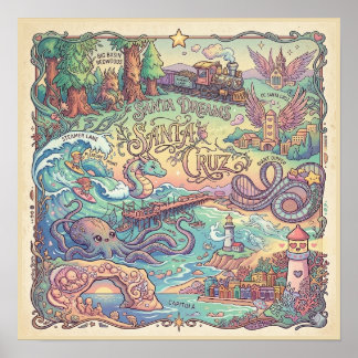 Affiche Carte illustrée de Santa Cruz Californie Dreamscap