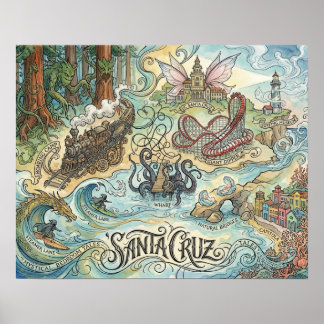 Affiche Carte illustrée de Santa Cruz Californie Mythique