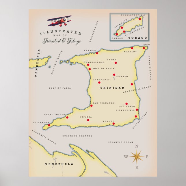 Affiche Carte illustrée de Trinité-et-Tobago (Devant)