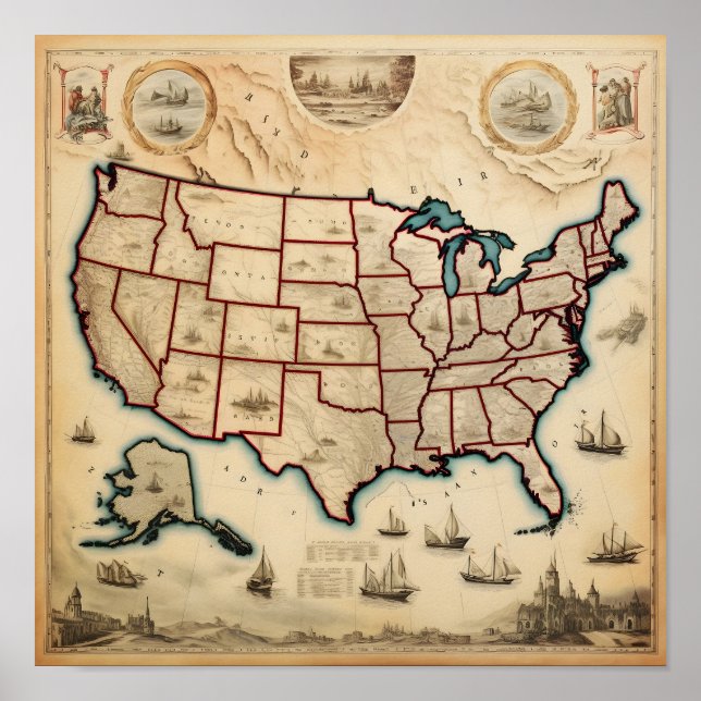 Affiche Carte illustrée des États-Unis (Devant)