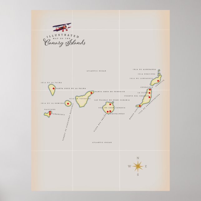 Affiche Carte illustrée des îles Canaries. (Devant)