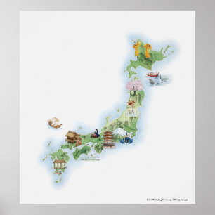 Affiche Carte illustrée du Japon antique
