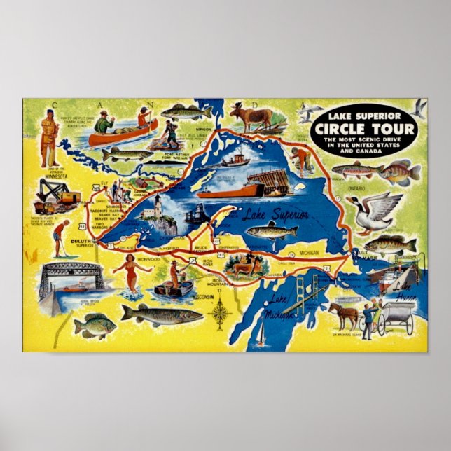 Affiche Carte illustrée vintage du lac Supérieur (Devant)