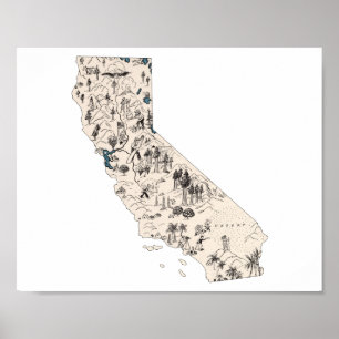Affiche Carte Image Vintage de Californie Antique State Ch