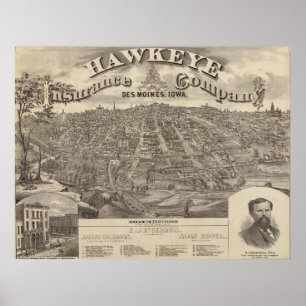 Affiche Carte imagée vintage de Des Moines Iowa (1875)
