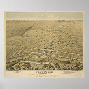 Affiche Carte imagée vintage de Fort Worth le Texas (1876)