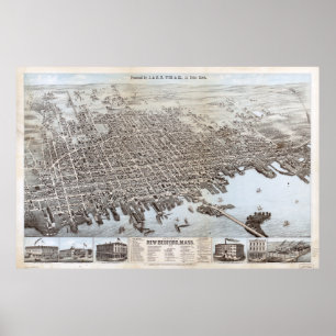 Affiche Carte imagée vintage de New Bedford mA (1876)