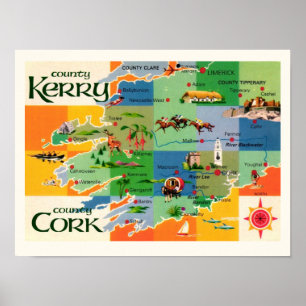 Affiche Carte imprimée de l'Irlande, comtés de Kerry et Co