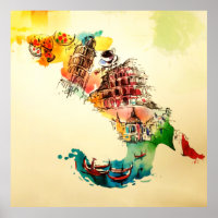 Carte Italie vintage City Travel Love Aquarelle