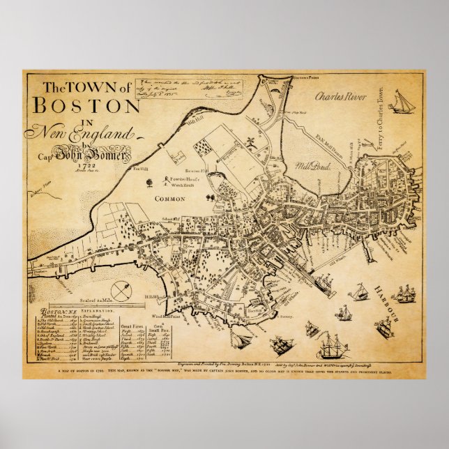 Affiche Carte la plus ancienne connue de Boston 1722 (Devant)