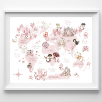 Affiche Carte Magique du Monde des Filles, Sirènes Roses e
