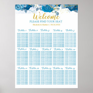Affiche Carte Mariage Cyan Blue Et Gold Floral