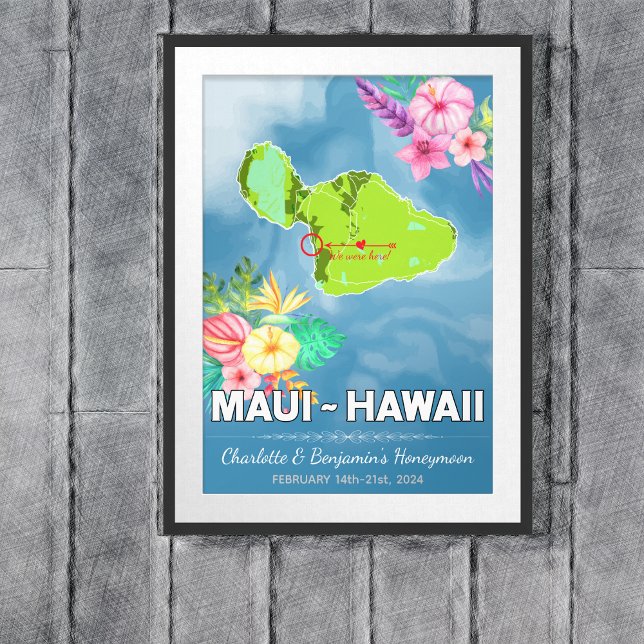 Affiche Carte Maui Hawaii Romantic Honeymoon Vacances (Maui Hawaii Map Honeymoon Vacation Poster - Sketch Mockup)
