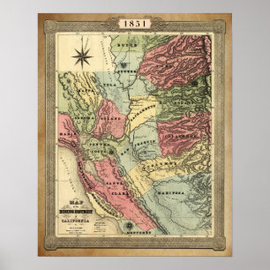 Affiche Carte minière de Californie en 1851