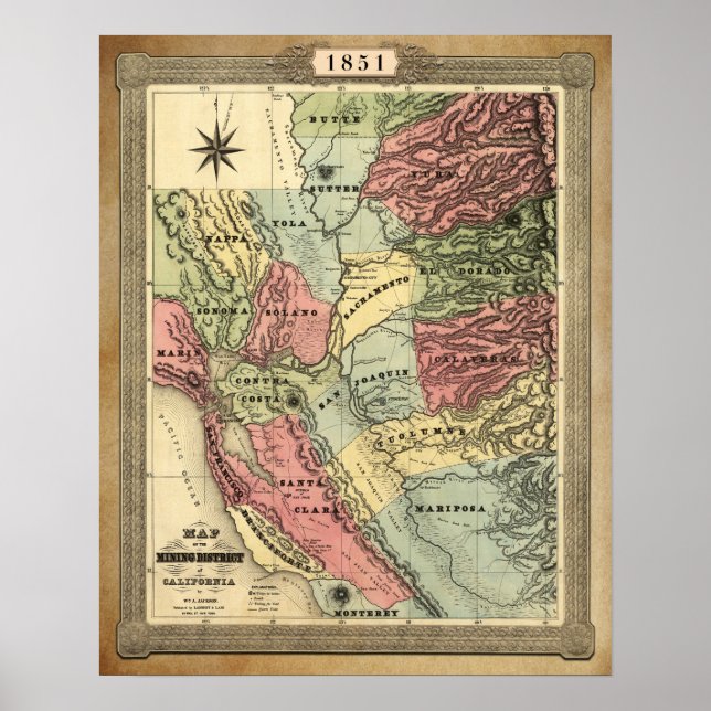 Affiche Carte minière de Californie en 1851 (Devant)