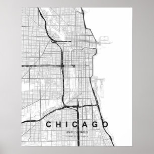 Affiche Carte minimaliste de Chicago (Noir & Blanc)