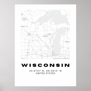 Affiche Carte minimaliste du Wisconsin Art - noir et blanc