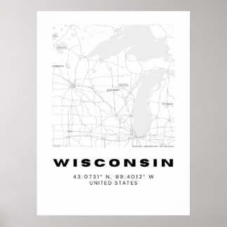 Affiche Carte minimaliste du Wisconsin Art - noir et blanc
