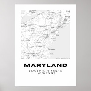Affiche Carte minimaliste Maryland Art - noir et blanc
