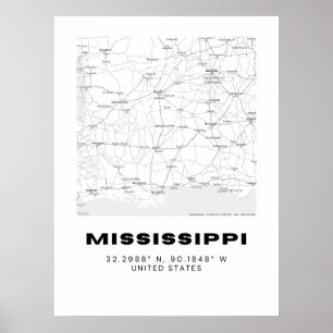 Affiche Carte minimaliste Mississippi Art - noir et blanc