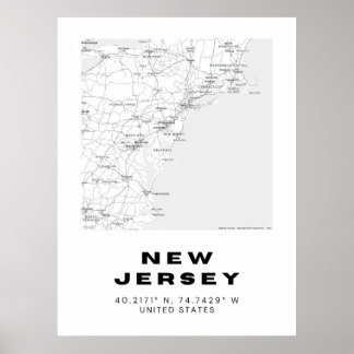 Affiche Carte minimaliste New Jersey Art - Black and White