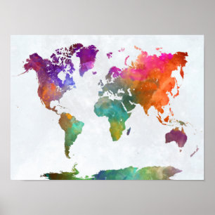Affiche Carte Mondiale En Aquarelle