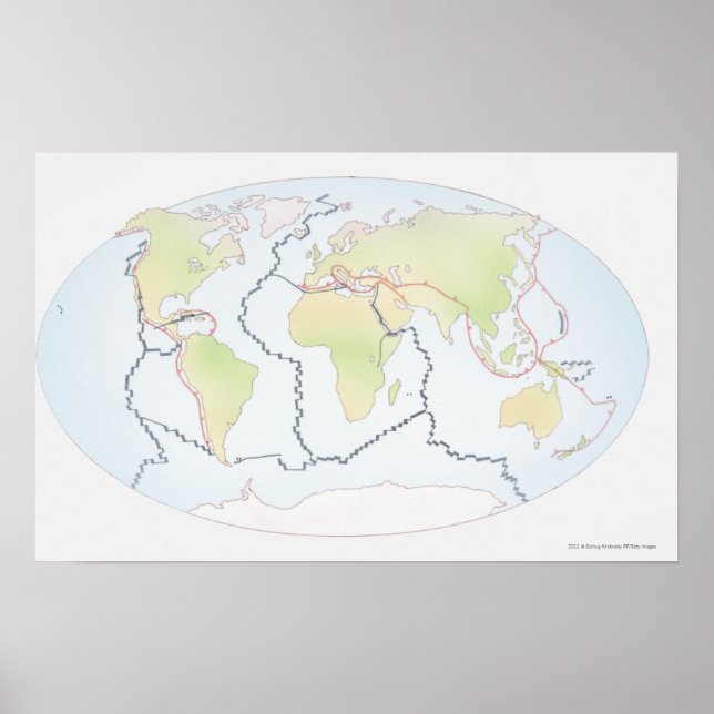 Affiche Carte mondiale montrant les marges des plaques (Devant)