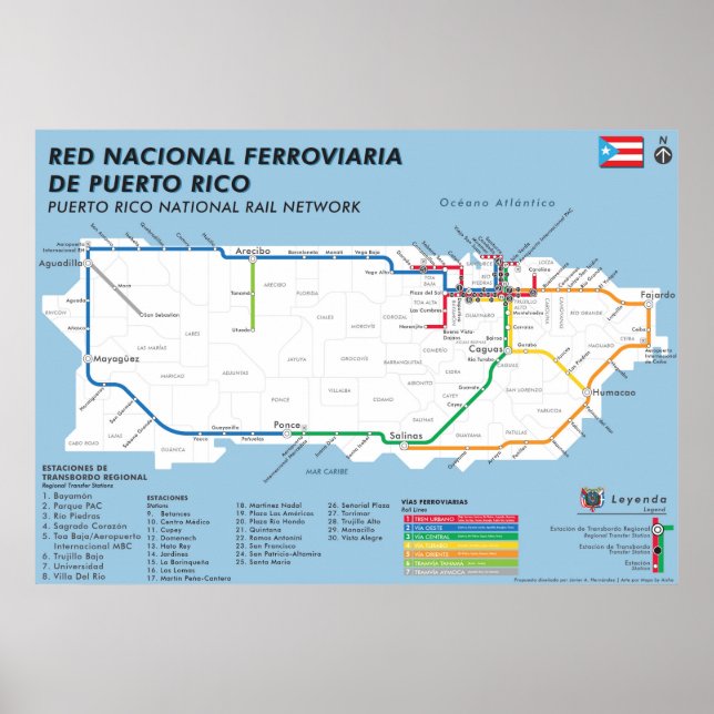 Affiche Carte nationale de Porto Rico Tren / Carte ferrovi (Devant)