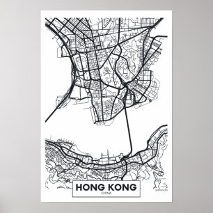 Affiche Carte noire et blanche de ville de Hong Kong,