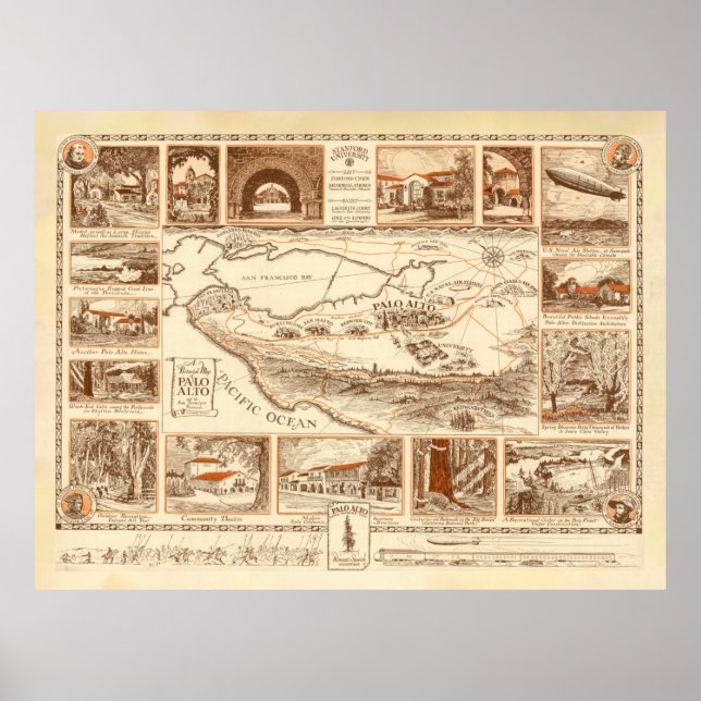 Affiche Carte Old Palo Alto CA (1925) Baie de Californie V (Devant)