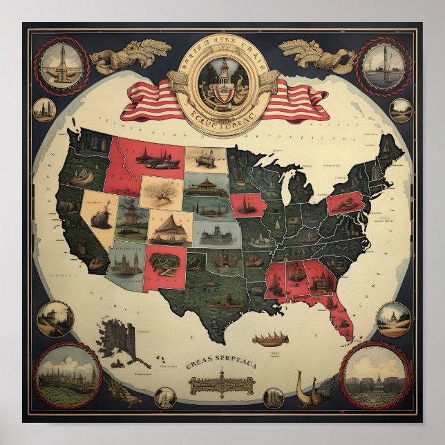 Affiche Carte Ornate des États-Unis (Devant)