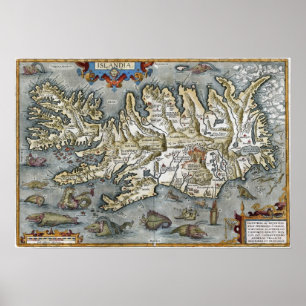 Affiche Carte Ortelius Islandia avec Monstres de mer Impri