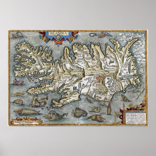 Affiche Carte Ortelius Islandia avec Monstres de mer Impri (Devant)