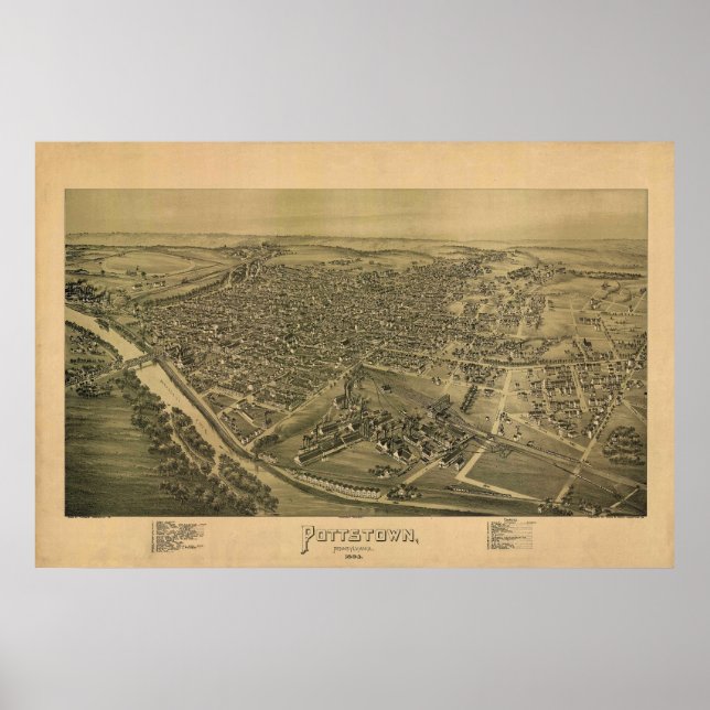 Affiche Carte panoramique 1893 Pottstown PA Pennsylvanie (Devant)