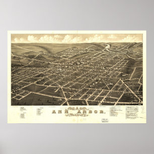 Affiche Carte panoramique antique d'Ann Arbor Michigan
