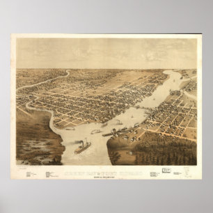 Affiche Carte panoramique antique de Green Bay WI 1867