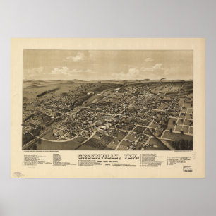 Affiche Carte panoramique antique de Greenville le Texas