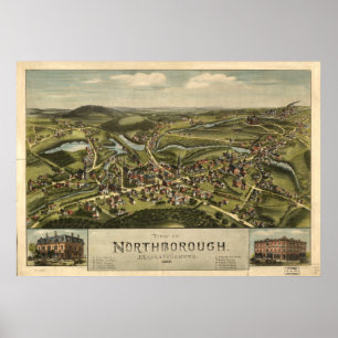 Affiche Carte panoramique antique de Massachusetts 1887 de