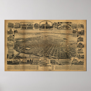 Affiche Carte panoramique antique de Sacramento la