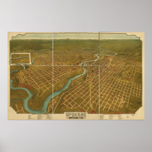 Affiche Carte panoramique antique de Spokane Washington