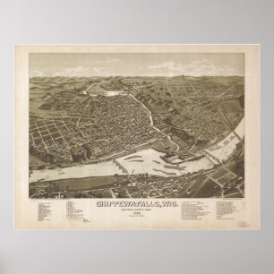Affiche Carte panoramique antique de WI 1886 de Chippewa