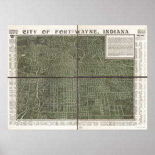 Affiche Carte panoramique antique Fort Wayne Indiana 1907