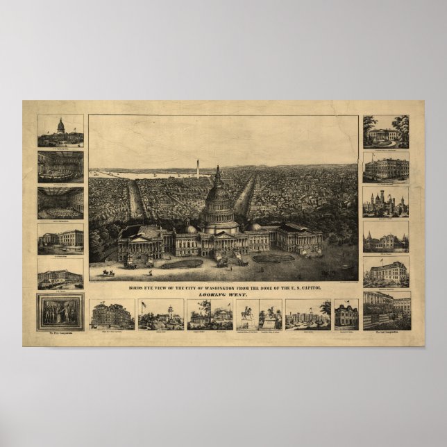 Affiche Carte panoramique antique Washington DC 1860 (Devant)